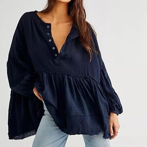 Free people Navy oversized Flowey cotton blouse
